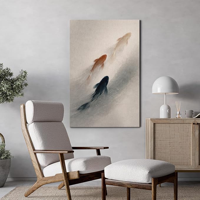 wall26 Canvas Print Wall Art Three Koi Fish Swimming in Misty Water Minimal Photography Realism Rustic Colorful Multicolor for Living Room, Bedroom, Bathroom - 24"x36"