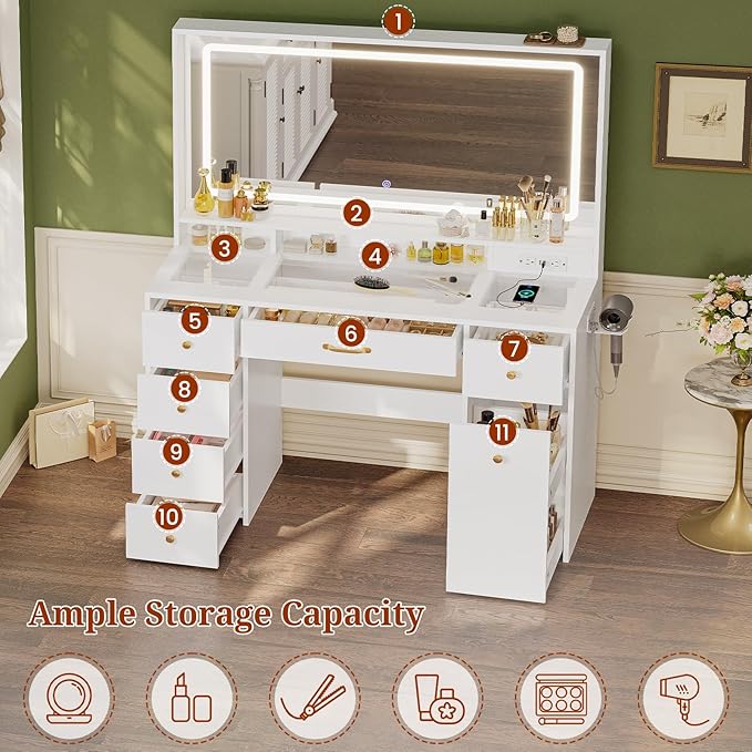 49.3“Large LED Mirror with Lights,Makeup Vanity Desk with 6 Drawers,Power Outlet,Glass Tabletop,Storage Shelf,Rolling Makeup Cart,Hairdryer Rack White