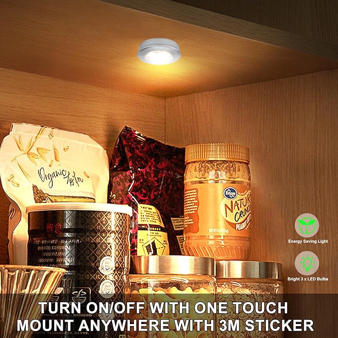 Wireless LED Puck Lights, Touch Activated Tap Ligh Push Light,Battery Operated Stick On Lights for Under Cabinet, Kitchen, Closet & Counters, 6-Pack,Silver (3 AAA Batteries Included)