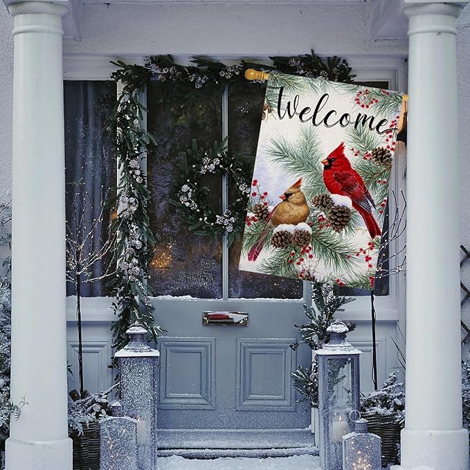 Welcome Winter House Flags for Outdoor Decoration, Christams Cardinal Pine Twigs Berry Large Yard Flag, Decorative Xmas Seasonal Farmhouse Holiday Outside Decor 28x40 Inch Vertical Double Sided