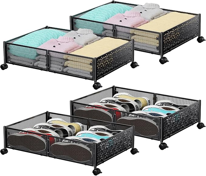 Under Bed Storage, Under the Bed Storage Containers with Wheels, Under Bed Shoe Storage Organizer Drawer for Bedroom Clothes Shoes Blankets -4Pack