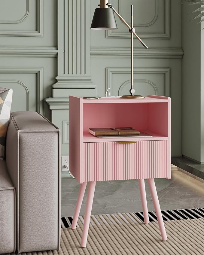 Nightstand,Modern Bedside Table with Storage Drawer and Open Wood Shelf, Accent Night Stand with Solid Wood Legs for Living Room, Bedroom and Small Spaces,Easy Assembly (Pink-Outlet)