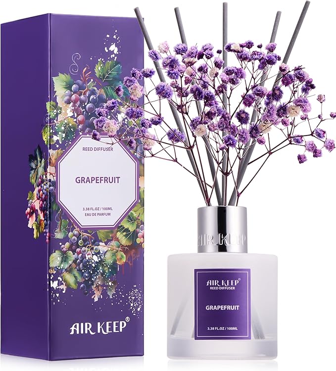 Airkeep Reed Diffuser Set,3.38 fl oz (100 ml) - Grapefruit Lemon Oil Diffusers with 8 Reed Sticks,Home Fragrance Reed Diffuser for Bathroom Shelf Decor