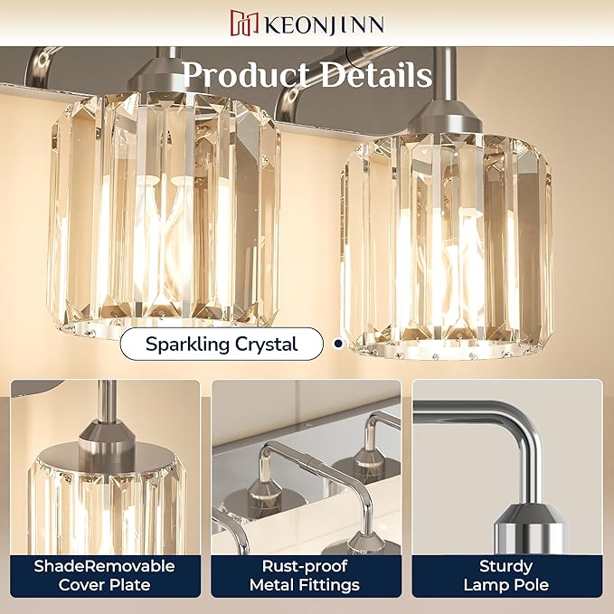 Keonjinn 3-Light Chrome Bathroom Light Fixtures, Crystal Bathroom Vanity Lights Over Mirror, Chrome Vanity Lighting Fixtures with Crystal Square Shades (E26 Base, Exclude Bulb)