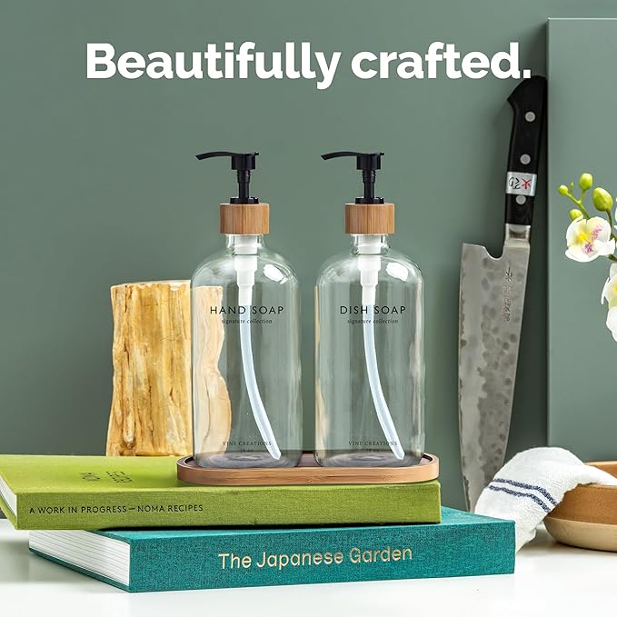 Vine Creations Clear Glass Soap Dispenser Set, Hand Soap and Dish Soap Dispenser Set with Bamboo Tray, 16 oz Glass Dispensers Bottle for Kitchen and Bathroom Decor Modern Boho with Bamboo Pump (Clear)