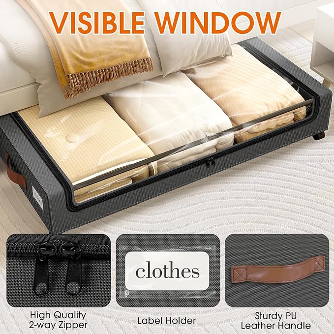 Under Bed Storage with Wheels 2Pack Storage Containers with Clear Window&Label Under Bed Drawers Rolling Under Bed Storage for Clothes,Shoes, Blankets (30.71 x 16.93 x 6.69 in, Dark Grey)