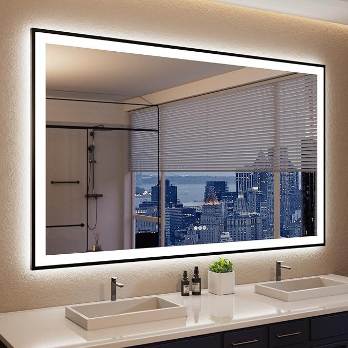 ISKM Framed LED Mirror for Bathroom 60"x38", Dimmable LED Bathroom Mirror with Lights, Anti-Fog, Front and Backlit Lighted Mirror 3-Colors, Shatterproof, Memory Function