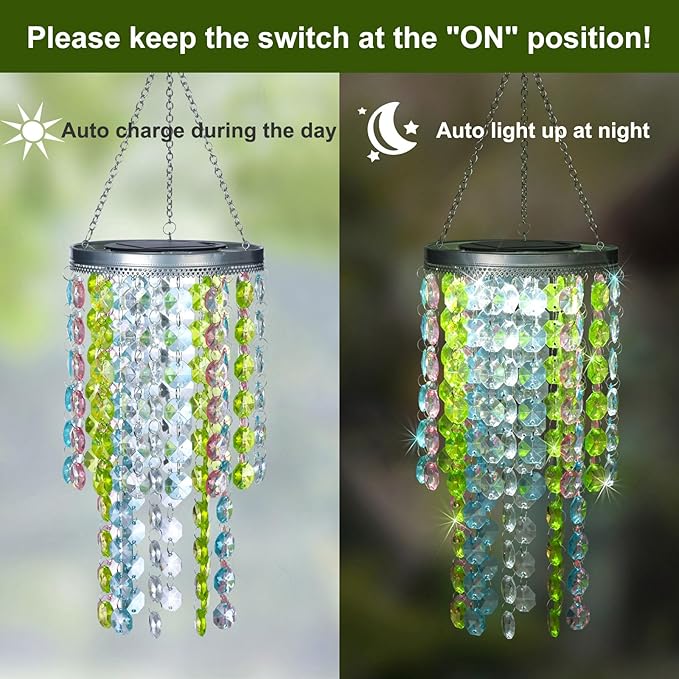 Hanging Solar Crystal Chandelier Outdoor, 21” Modern Solar Multicolor Acrylic Beaded Lantern with Cool White LED S Hooks for Garden Yard Patio Gazebo Outside Decor