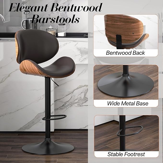 Adjustable Swivel Bar Stools Set of 3, Modern Bentwood Barstool with Large Metal Base and Footrest, PU Leather Upholstered Bar Chair with Curved Back for Kitchen Island Dining Room, Brown