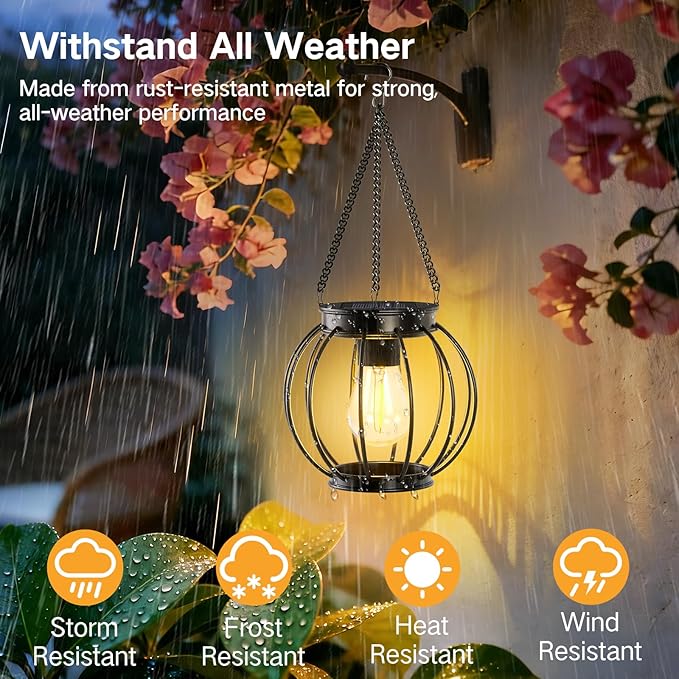 Outdoor Solar Lanterns, Waterproof Metal Hanging Lights with Warm White LED, Auto On/Off, Upgraded Brighter Decorative Lanterns for Garden Patio Yard Porch, Gifts for Women Mom, 2 Pack