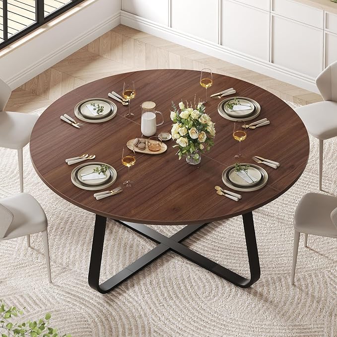 LVB 60-Inch Round Dining Table, Modern Wood Metal Kitchen Tables, Industrial Large Dinner Room Table for 6 to 8, Circle Dining Room Tables for Home Kitchen Living Room, Walnut