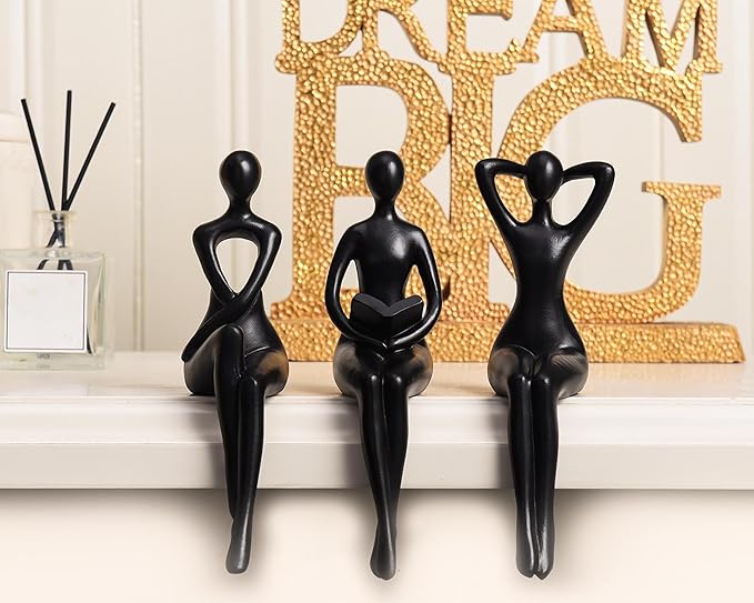 Quoowiit Black Thinker Statue Book Shelf Decor, Minimalist Modern Home Decor Collectable Figurines Office Desk Unique Coffee Table Decorations for Living Room 3 Piece