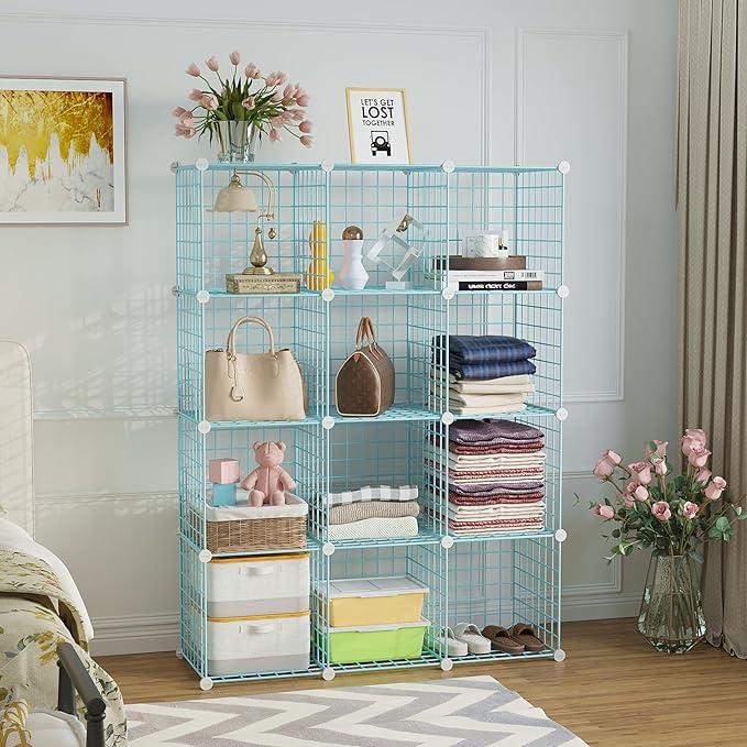 C&AHOME Wire Cube Storage, 12 - Cube Organizer Metal C Grids, Modular Shelves Units, Closet Organizer, Ideal for Home, Office, Living Room, 36.6”L x 12.4”W 48.4”H, Blue UWCS3012B