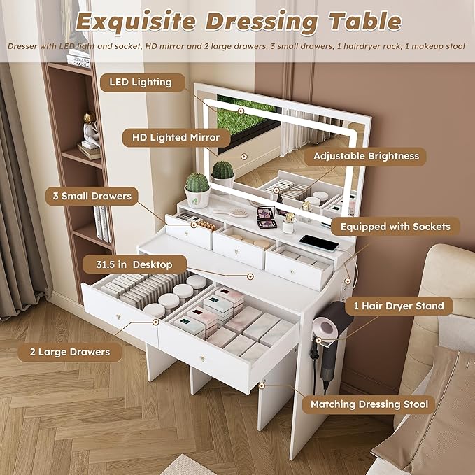 Vanity Desk with Large Mirror and Stool, Makeup Table with LED Lighted - 3 Color Models, Makeup Desk with 5 Drawers & Power Outlet, Dressing Makeup Table for Women Girls Bedroom, White