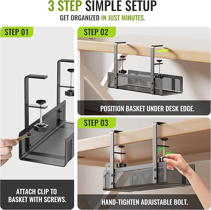 [Upgraded] 2 Pack Cable Management Under Desk Tray, Xpatee 27.6" No Drill Open Slots Cable Management Tray, Cord Wire Organizer Box with Clamp for Table Thickness up to 3" - No Desk Damage(Black)