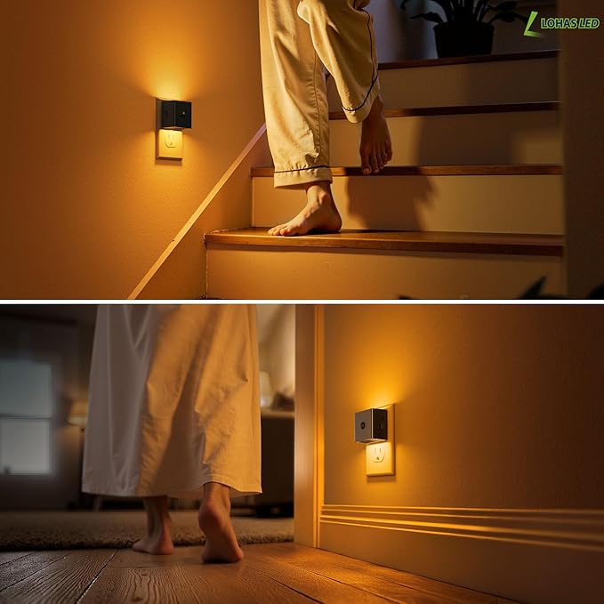 L LOHAS LED Motion Sensor Night Light, [2-Pack] Motion Activated Night Light, Motion Sensor and Dusk to Dawn Sensor, Brightness Adjustable,Amber Nightlight for Bathroom Hallway Kitchen
