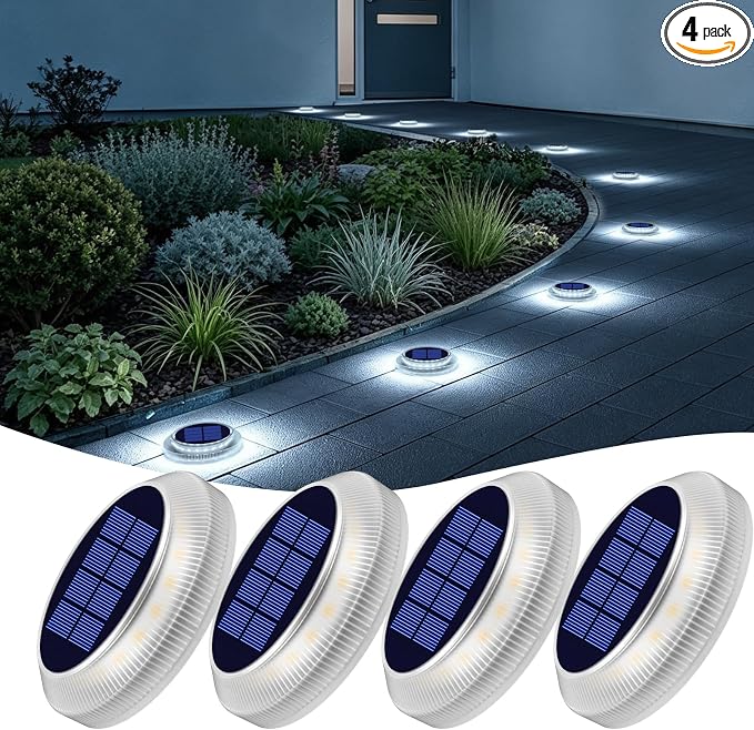 YiLaie Solar Dock Lights Outdoor Waterproof Solar Powered Marine Stick on Deck Step Lights for Outside Driveway Marker Boat Stair Sidewalk Pathway Garden Yard Warning Auto On/Off (White, 4 Pack)