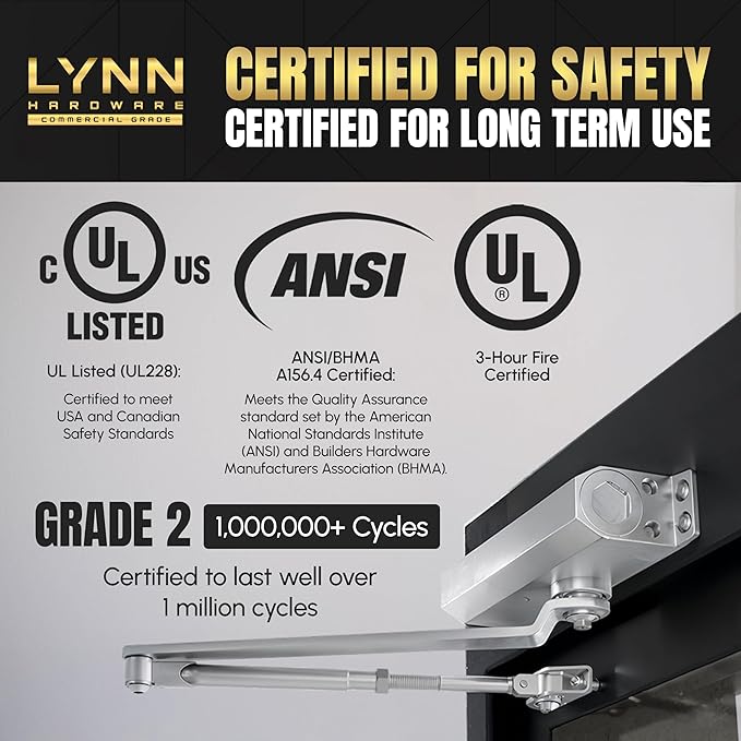 LYNN HARDWARE Light Duty Automatic Door Closer (Brass/Gold) - Highly Durable Cast Aluminum, Commercial or Home Use, Adjustable Speed Controls, 3 Mounting Options, 3 Hour Fire Rated (DC5003 Model)