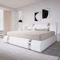 Allewie Queen Size Platform Bed Frame with Iron Piece Decor, Faux Leather Upholstered Bed with Curved Adjustable Headboard, Wooden Slats Support, No Box Spring Needed, Modern Style, White