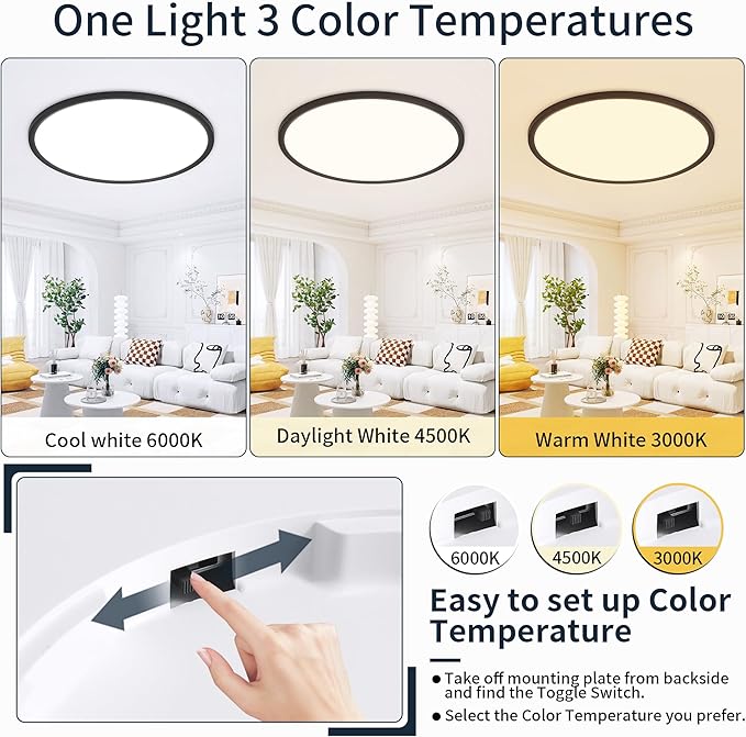 MOONSEA 20 Inch LED Dimmable Ceiling Light Fixture 40W - Round Flush Mount Adjustable 3000K/4500K/6000K Large Kitchen Light Fixture, 4000lm Hallway Light Fixtures for Bedroom, Black