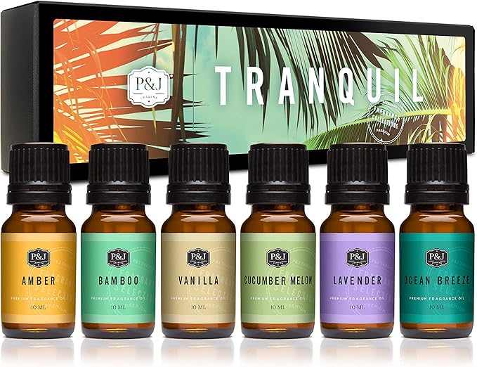 P&J Trading Fragrance Oil Tranquil Set | Vanilla, Cucumber Melon, Lavender, Amber, Bamboo, and Ocean Breeze Candle Scents for Candle Making, Freshie Scents, Soap Making Supplies, Diffuser Oil Scents