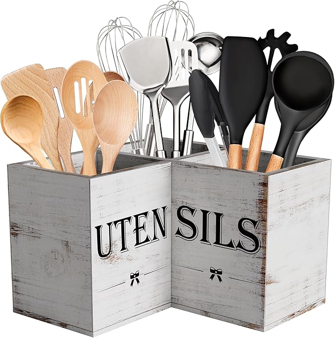 Suli Extra Large Kitchen Utensils Holder with 3 Compartments,Corner Shelf,Wooden Utensil Organizer for Kitchen Countertop, Farmhouse Decor, Rustic Cooking Utensil - White grain