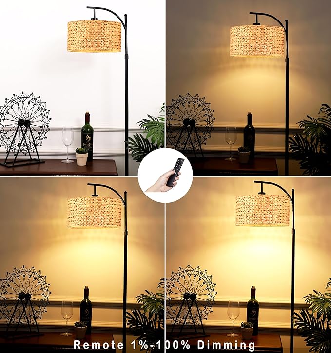 Floor Lamp for Living Room Bedroom Farmhouse Arc Rattan Boho Standing Lamp with Remote Dimmable Black Wicker Bamboo Lamp Shade Floor Light Adjustable Tall Lamp Industrial Floor Lamps Bohemian