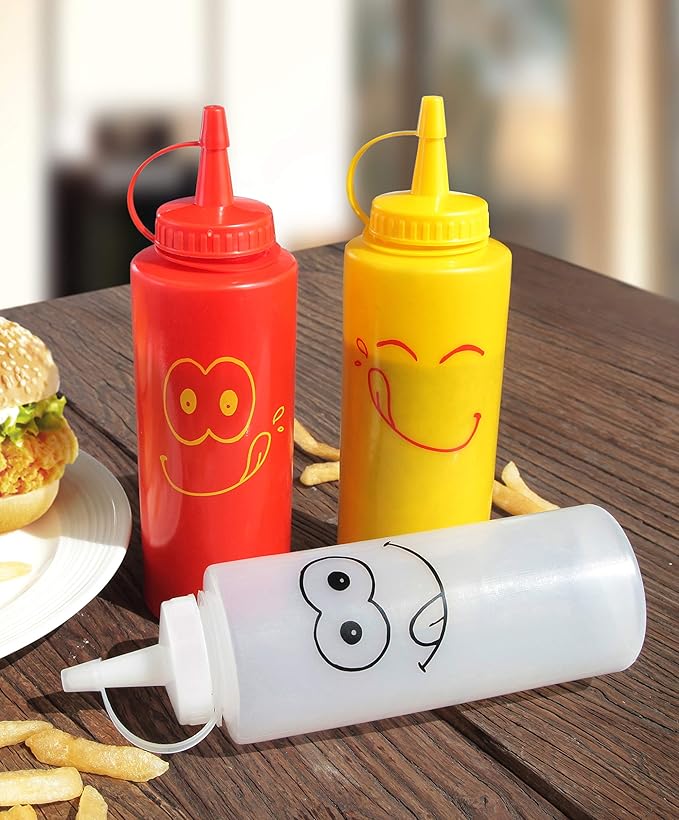 New Star Foodservice 28560 Smiley Faces Squeeze Bottle Set, Plastic, Red, Yellow, and Clear, 12 oz