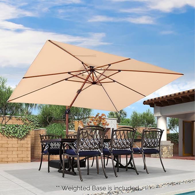 PURPLE LEAF 9' X 12' Double Top Deluxe Wood Pattern Rectangle Patio Umbrella with Base Offset Hanging Umbrella Outdoor Market Umbrella Garden Umbrella, Beige