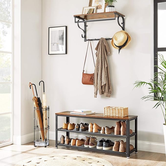 VASAGLE 3-Tier Shoe Rack, Shelf Storage Bench with Metal Mesh Shelves and Seat, Free Standing Shoe Organizer for Entryway, 11.8 x 39.4 x 17.7 Inches, Rustic Brown and Black ULBS078B01
