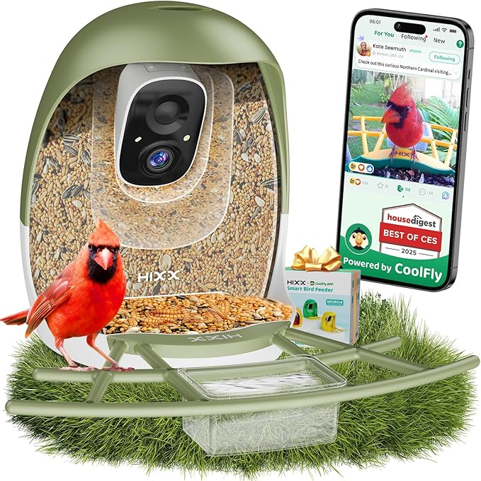 HIXX Smart Bird Feeder with Camera, AI Identify Birds & Auto Capture, 2K HD Live Camera Birdwatching with Color Night Vision for Bird Lovers Gifts (Forest Green)
