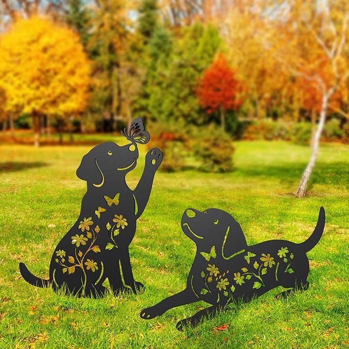 Metal Dog Garden Decor for Outside, 17 Inch Labrador Dog Gifts for Women Men, Rust-Proof Garden Stakes Black Silhouette Yard Art Statues, Yard Decorative for Patio Lawn Ornaments, Set of 2