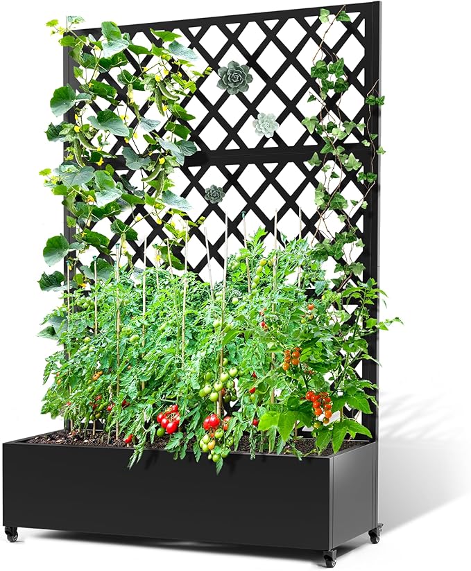 Metal Planter Box with Trellis & Wheels, Raised Garden Bed with Privacy Screen, Outdoor Standing Flower Beds with Drainage Hole for Climbing Plants, Vine, 47.2''L×15.7''W×70.9''H, Black