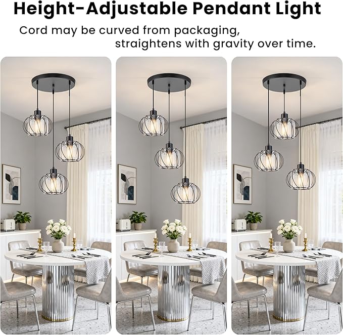 Cluster Pendant Light Fixtures, 3-Light Pendant Lights Kitchen Island, Farmhouse Hanging Light Fixture, Industrial Black Metal Cage Pendant Lighting With Clear Crystal for Sink Dining Room Hallway