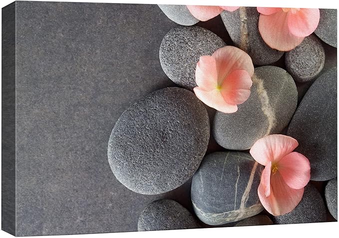 wall26 Canvas Print Wall Art Gray Stones with Pink Daisy Flowers Floral Nature Photography Realism Bohemian Scenic Relax/Calm Cool for Living Room, Bedroom, Office - 16"x24"
