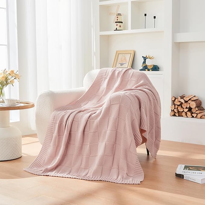 CozeCube Check Knit Throw Blanket, Pink Checkered Throw for Couch, Decorative Christmas Soft Cozy Warm Knitted Blanket for Bed Sofa Living Room, 50"X60"
