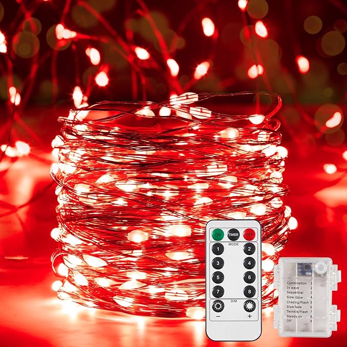 1 Pack 16.4 Ft. Battery Operated Outdoor String Lights with Remote & Timer, LED Red Fairy Lights, Waterproof Twinkle Lights for Bedroom, Dorm, Mason Jar, Wedding, Party, Christmas