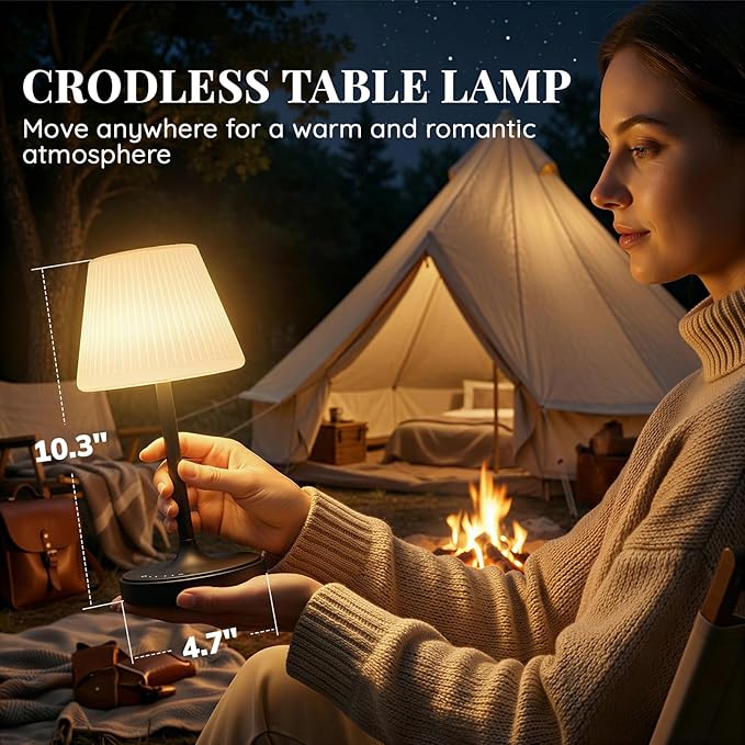 Cordless Table Lamp, Waterproof Shower Lamp, 4000mAh Rechargeable Table Lamps, 3-Color Dimmable Light, Battery Operated Lamp Desk Night Lamp for Bathroom Bedroom Patio Camping Restaurant (Black)