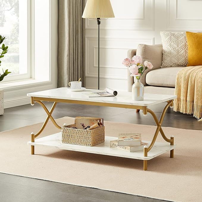VECELO White and Gold Coffee Table with Storage and Open Shelves for Living Dining Room 39-Inch, Modern Rectangle & Industrial Design, X-Shape Frame, Easy Assemble