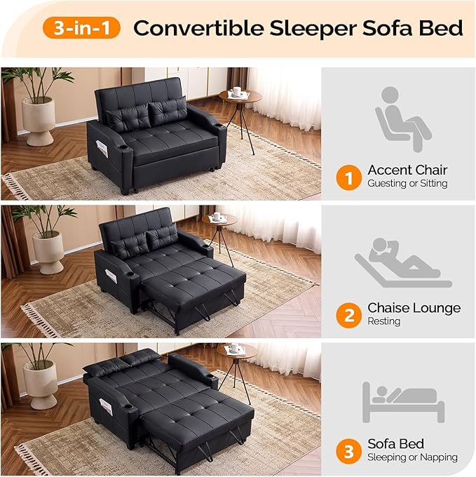 VINGLI Convertible Loveseat Sleeper, Black Faux Leather Futon Sofa Bed Pullout Couch Bed with USB Ports, Cup Holders, Armrest for Living Room, Bedroom, Home Office Apartment