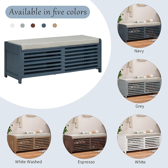 Amposei Modern Classic Storage Bench 43.3-Inch Wooden Entryway Shoe Storage Bench Cabinet with Removable Seat Cushion & Sliding Shutter-Style Doors for Living Room Entrance Hallway, Navy