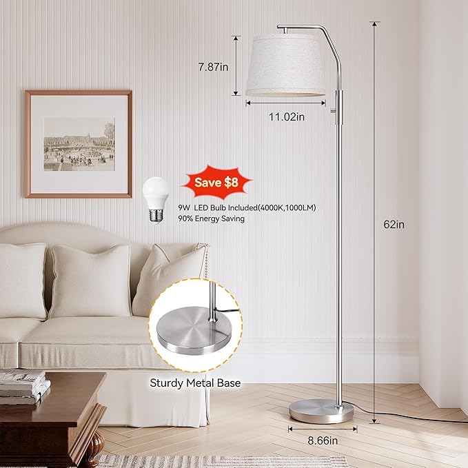 SUNMORY Floor Lamps for Living Room, 9W Bulb Included, Lamp for Bedroom with Adjust Head, Standing Lamp with Rotary Switch, 0-100% Dimmable Floor Lamp for Living Room Bedroom Office Nursery, Nickel.