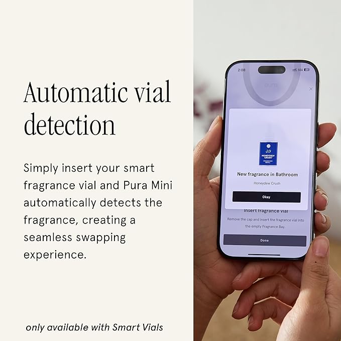 Pura Mini Smart Fragrance Diffuser for Small Spaces Adjustable Smart Home Device with LED Light & Automatic Vial Detection - Includes 1 Scent Refill; White Tea no.1