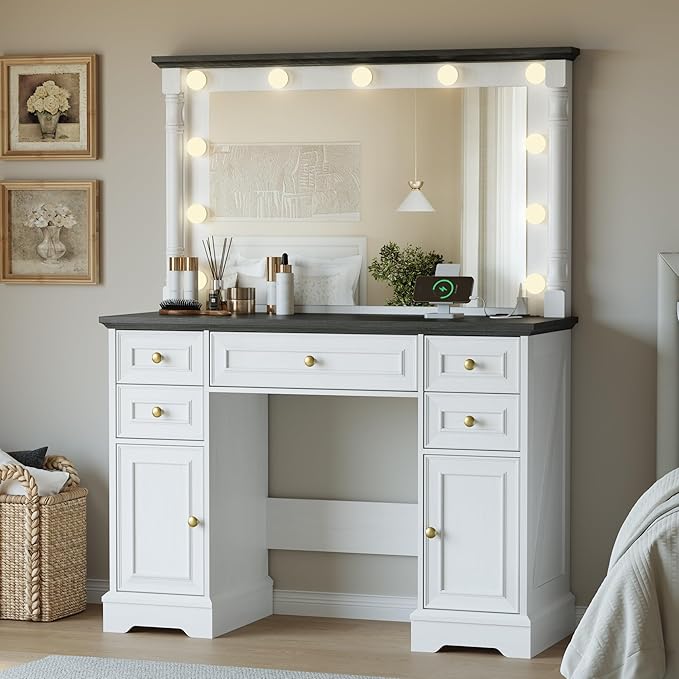 Vanity Desk with 38" Large Mirror and 11 LED Lights, Adults Makeup Vanity with 5 Drawers and 2 Cabinets & Power Outlet and 3 Lighting Modes, Farmhouse Wooden Dressing Table for Bedroom, Antique White