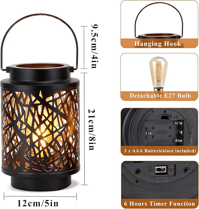 JHY DESIGN Set of 2 LED Battery Operated Table Lamp 8“H Cordless Lamp Light with 6-Hours Timer Metal Black Battery Lamp for Patio Garden Indoor Outdoor Party Events(Hollow Branch)