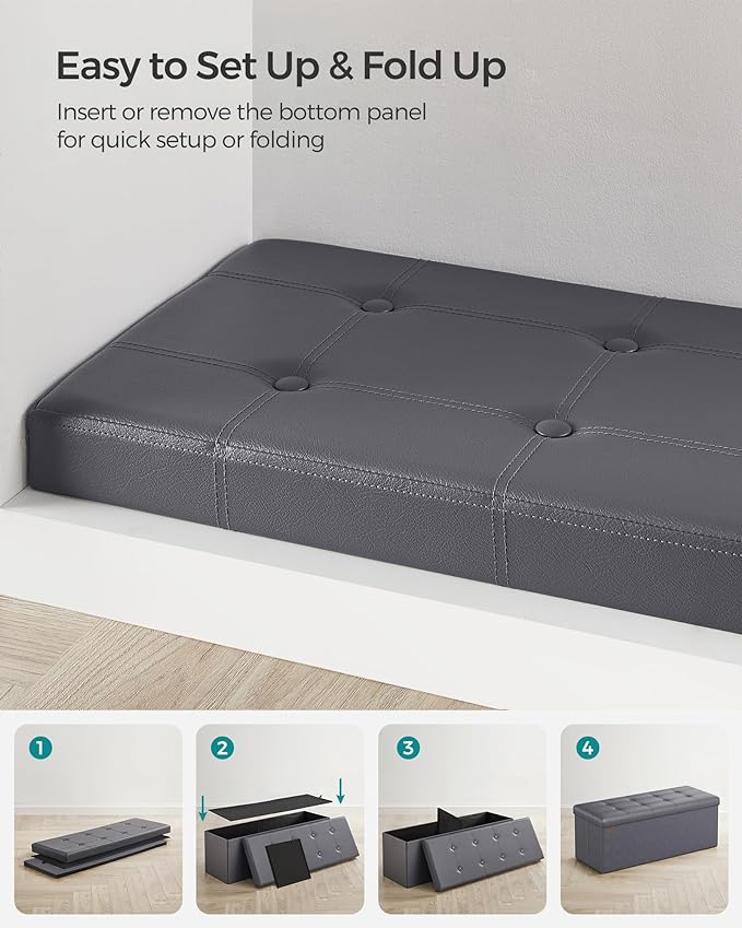 SONGMICS Mazie Collection - 43 Inches Folding Storage Ottoman Bench, Ottoman with Storage, Foot Rest Stool, Load 660 lb, for Living Room, Synthetic Leather, Dark Gray ULSF070G01