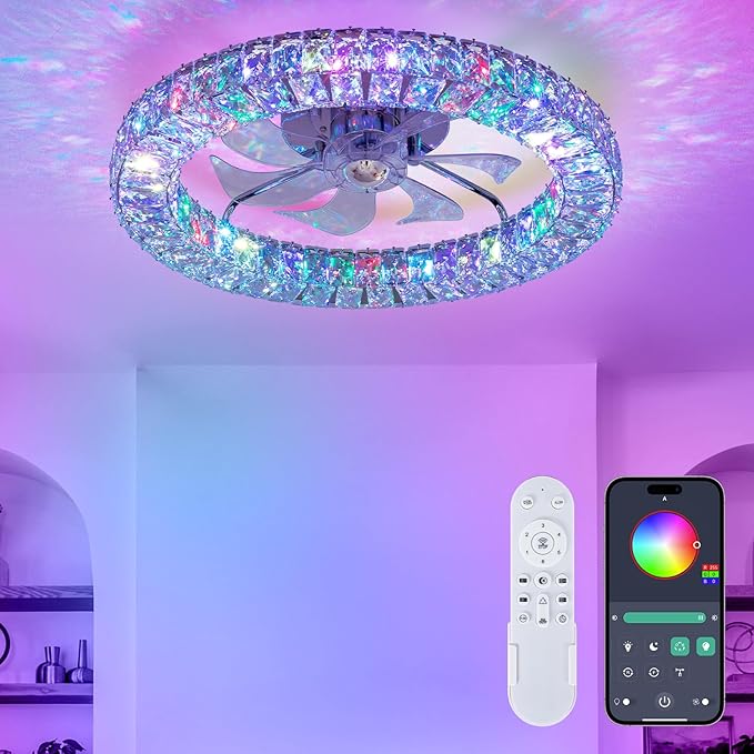 RGB Ceiling Fans with Lights, 22" Low Profile Ceiling Fan with Lights Remote for Bedroom,Smart Bladeless LED Fan Light,Nickel Modern Flush Mount Ceiling Fan Light with Remote/APP Control