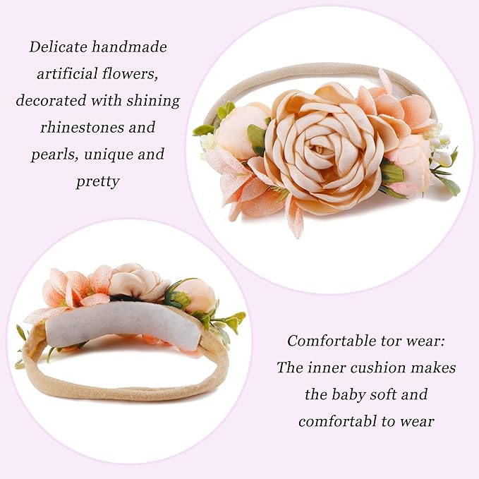 Baby Girl Flower Headband 6 PCS Elastic Hairbands Handmade Nylon Bows Headbands Chic Floral Hair Accessories Kids Gifts for Newborn Infant Toddlers