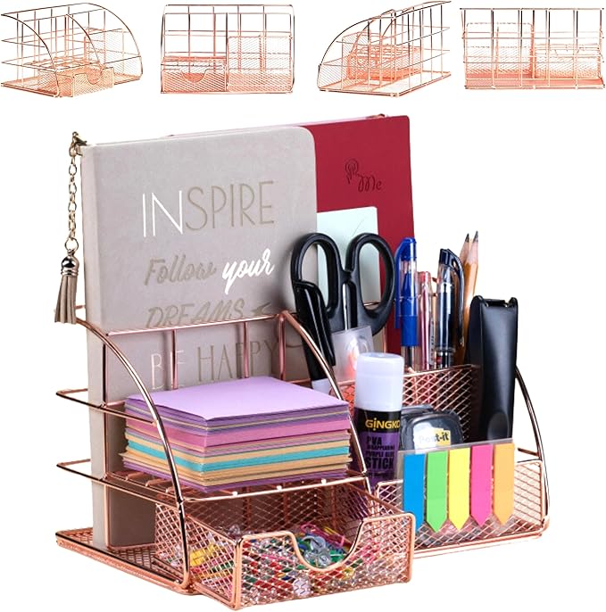 Rose Gold Desk Organizer for Women Cute Home Office Accessories & Supplies Decor, Girly Desktop Stationary Essentials Organization Set, Mesh Caddy Storage 5 Compartments +1 Mini Sliding Drawer