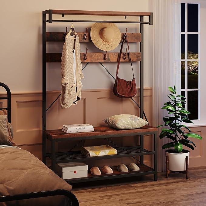 IDEALHOUSE Coat Rack Shoe Bench Industrial Hall Tree Storage Bench for Entryway Wood Look Accent Large Shoe Rack with Storage Shelf Hanging Bar,8 Hooks Grey 39.9"x15.7"x72"